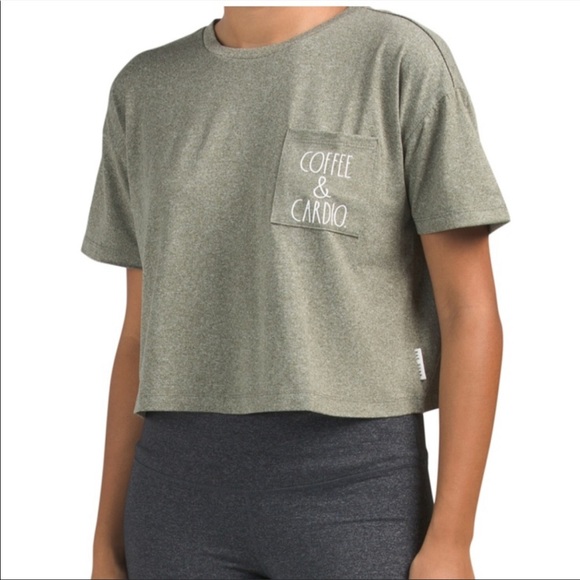 RAE DUNN Heather Green Cropped Graphic On Pocket Workout T Shirt Size Medium - Picture 1 of 7